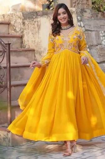 Yellow faux blooming embroidery zari work gown