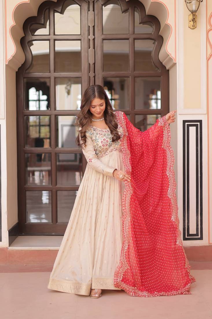 Off-white jacquard gown with red dupatta