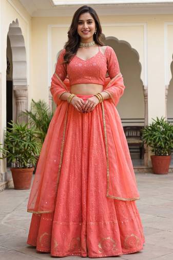  peach embroidered georgette festival lehenga set choli with dupatta