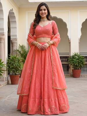 peach embroidered georgette festival lehenga set choli with dupatta 1