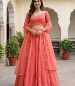  peach embroidered georgette festival lehenga set choli with dupatta