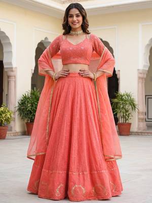  peach embroidered georgette festival lehenga set choli with dupatta 2