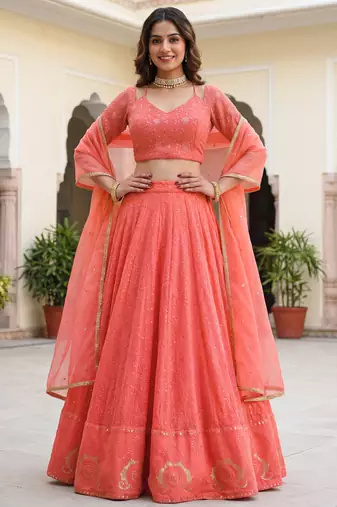  peach embroidered georgette festival lehenga set choli with dupatta