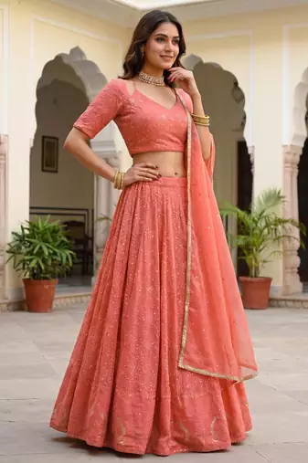  peach embroidered georgette festival lehenga set choli with dupatta