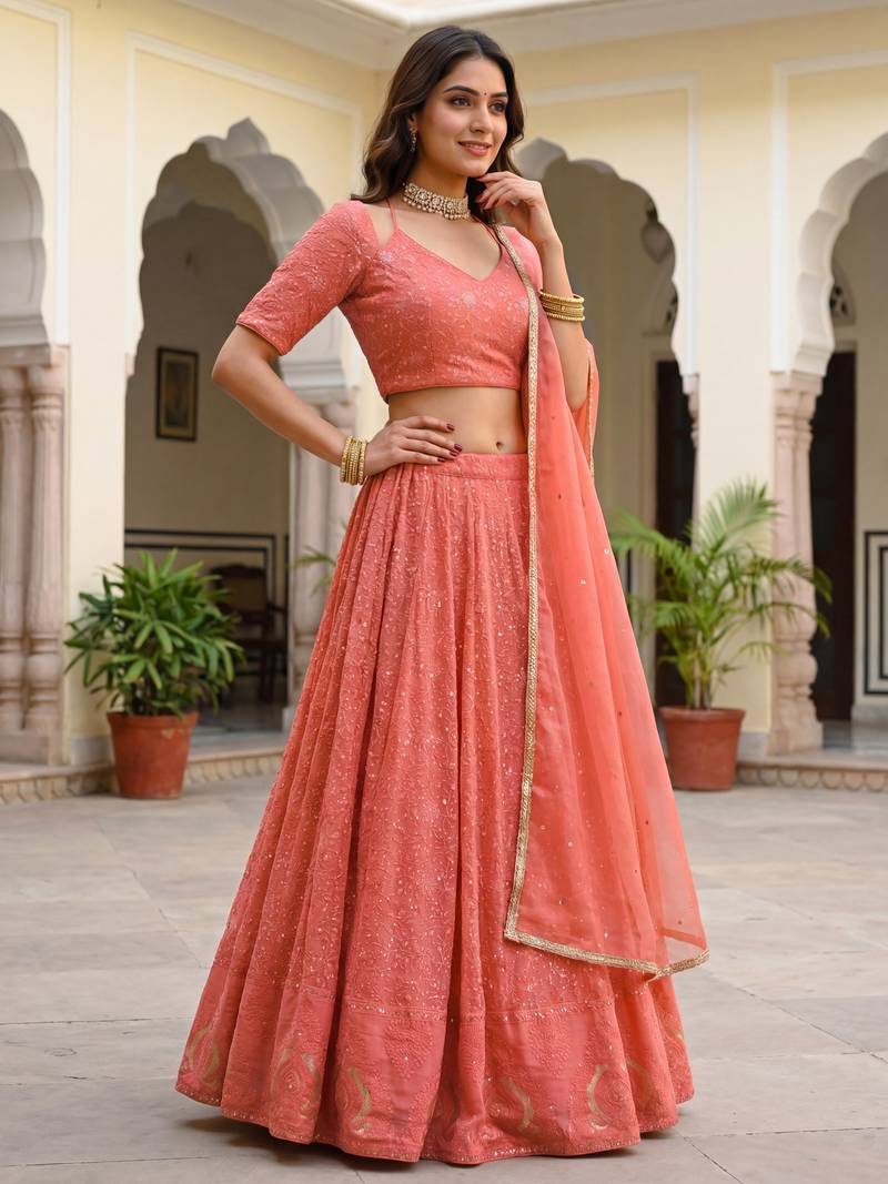  peach embroidered georgette festival lehenga set choli with dupatta