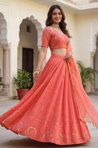  peach embroidered georgette festival lehenga set choli with dupatta