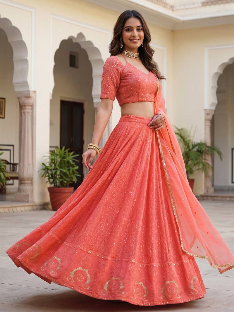  peach embroidered georgette festival lehenga set choli with dupatta