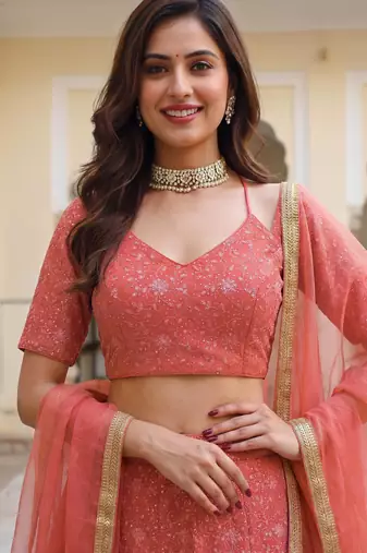  peach embroidered georgette festival lehenga set choli with dupatta