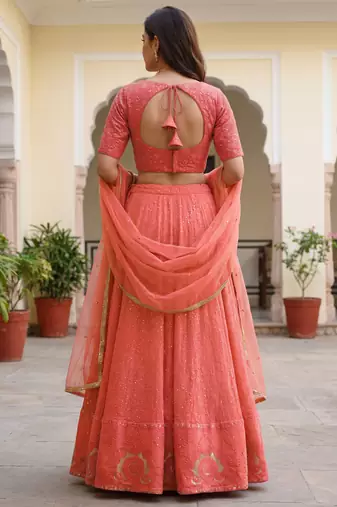  peach embroidered georgette festival lehenga set choli with dupatta