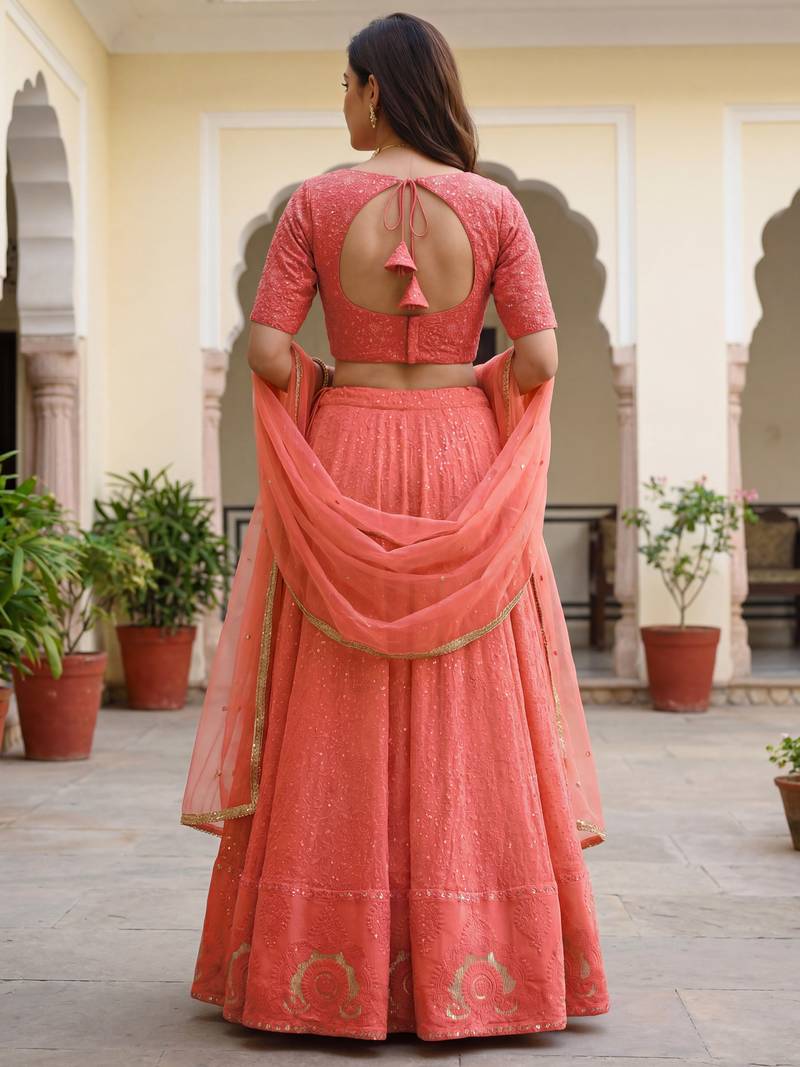  peach embroidered georgette festival lehenga set choli with dupatta