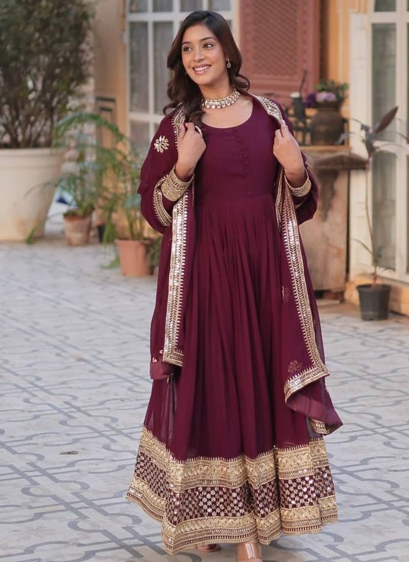 Maroon sequins embroidered georgette anarkali kurta set