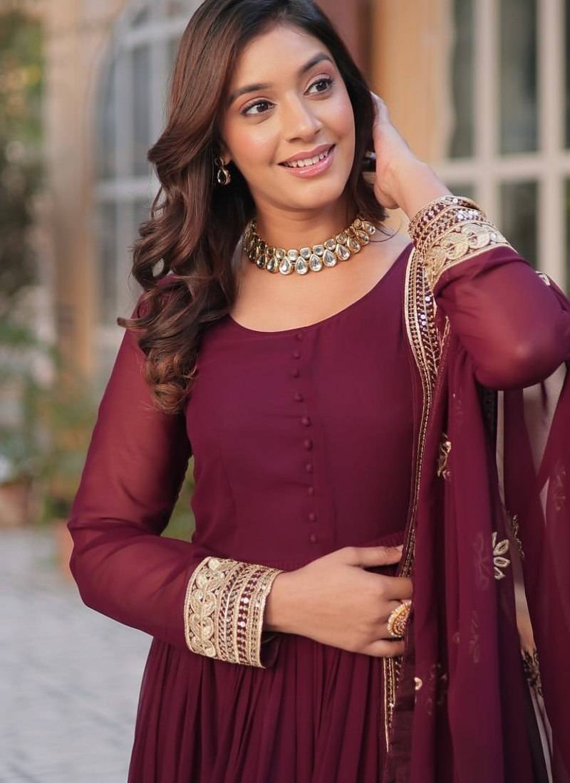 Maroon sequins embroidered georgette anarkali kurta set