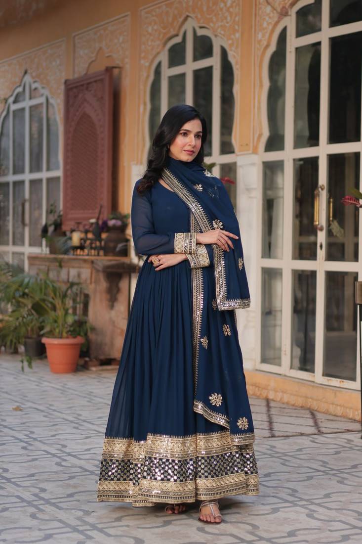 Blue sequins embroidered georgette anarkali kurta set