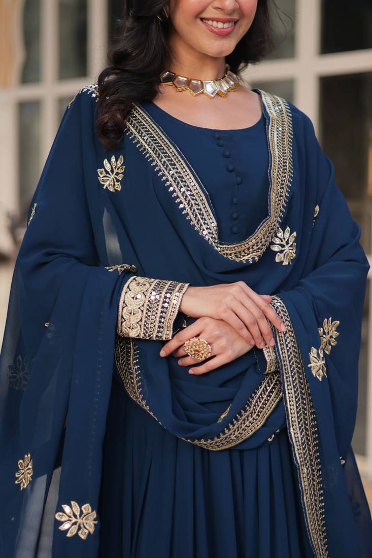 Blue sequins embroidered georgette anarkali kurta set