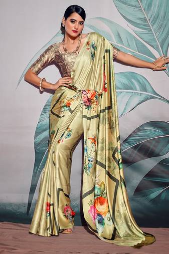 beige crape digital printed casual wear saree