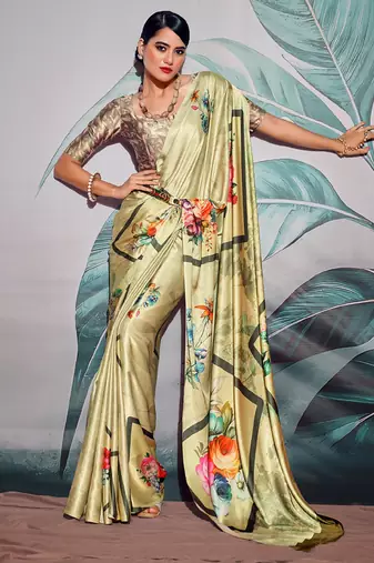beige crape digital printed casual wear saree