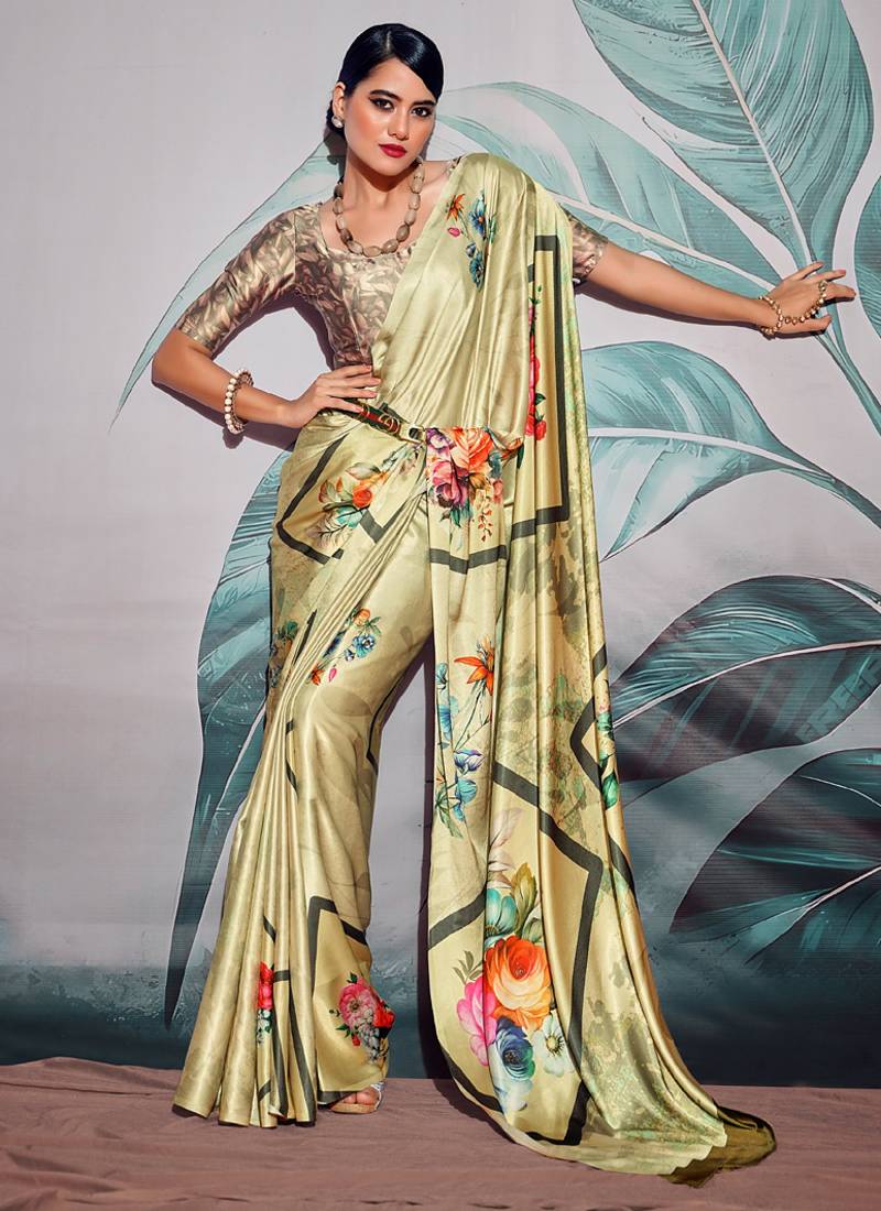 beige crape digital printed casual wear saree