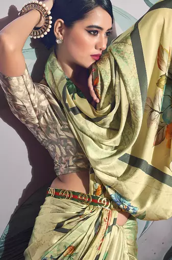 beige crape digital printed casual wear saree