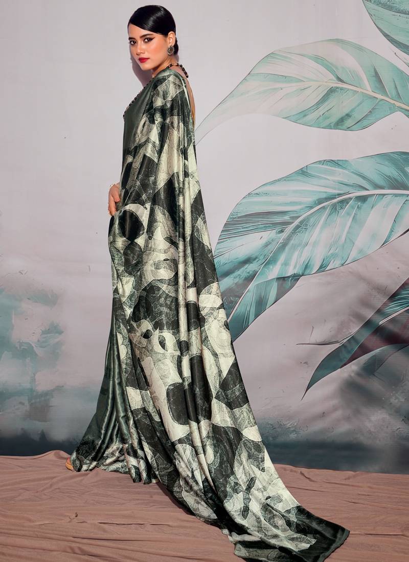 black & off-white crape digital printed casual wear saree