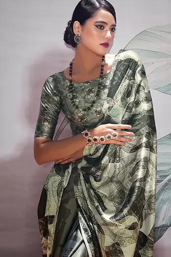 black & off-white crape digital printed casual wear saree