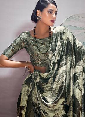 black & off-white crape digital printed casual wear saree 3