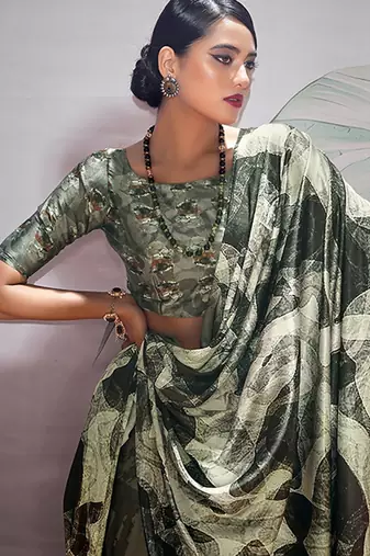 black & off-white crape digital printed casual wear saree