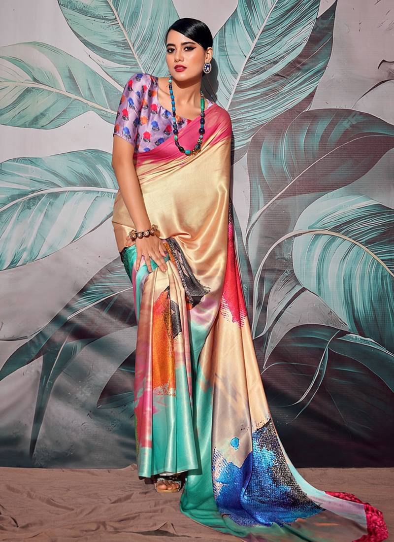 multicolour crape digital printed casual wear saree