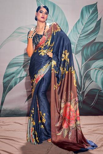 dark blue crape digital printed casual wear saree