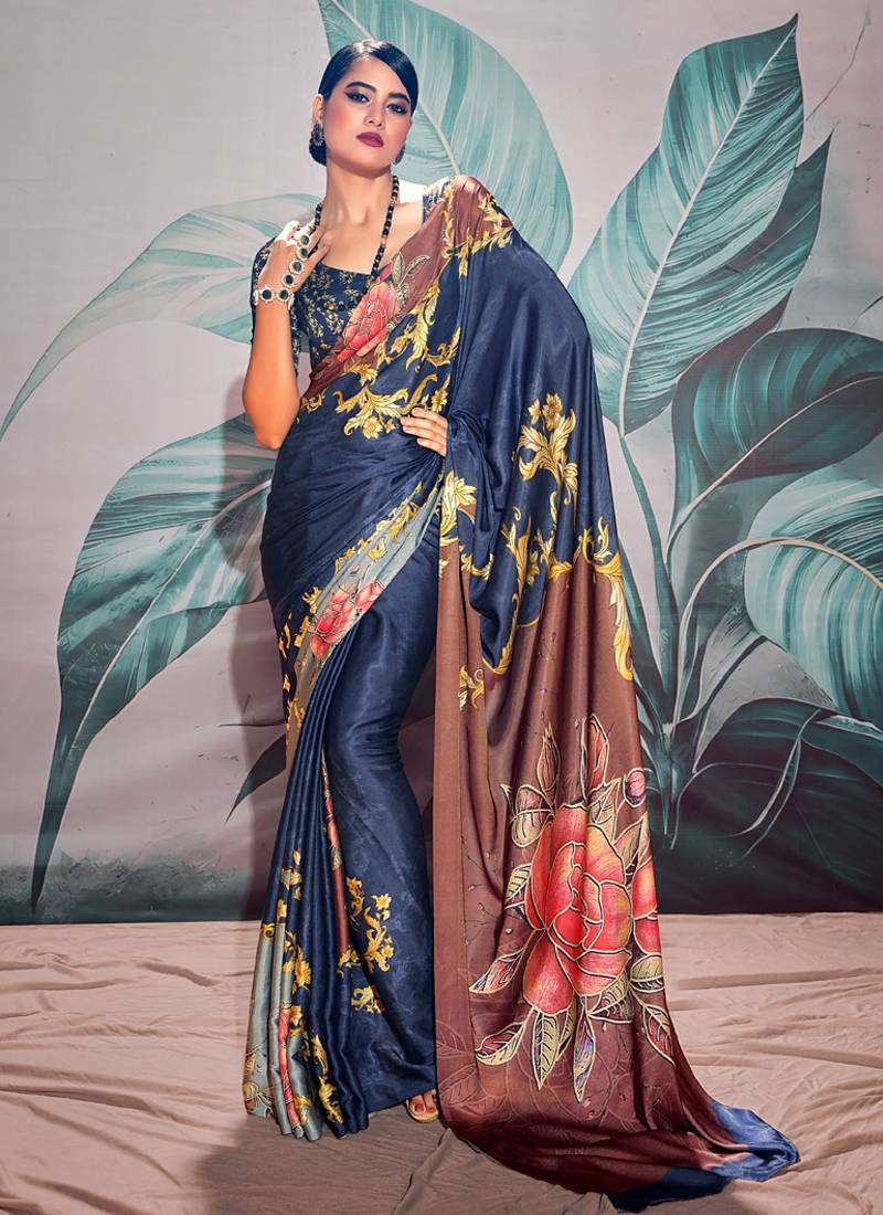 dark blue crape digital printed casual wear saree