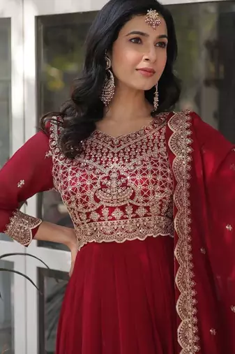 Red premium designer readymade gown with dupatta