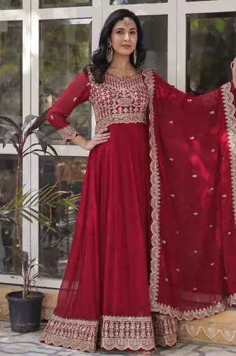 Red premium designer readymade gown with dupatta