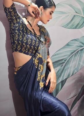 dark blue crape digital printed casual wear saree 2