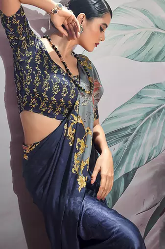 dark blue crape digital printed casual wear saree