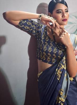 dark blue crape digital printed casual wear saree 3