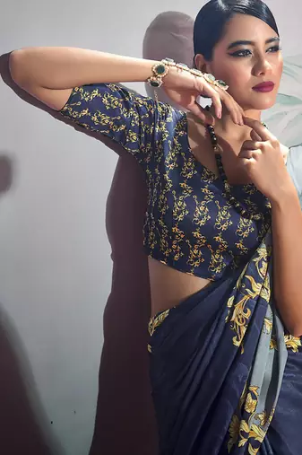 dark blue crape digital printed casual wear saree