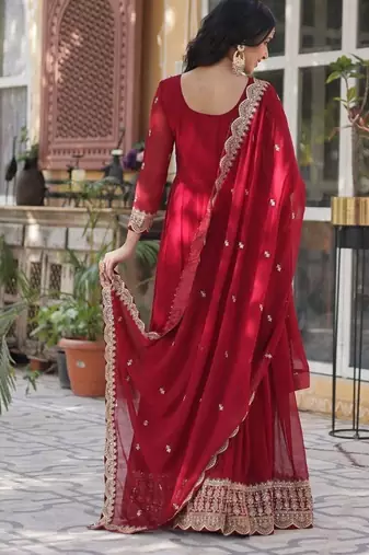 Red premium designer readymade gown with dupatta