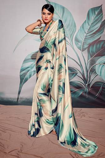 beige crape digital printed casual wear saree