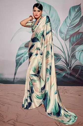 beige crape digital printed casual wear saree