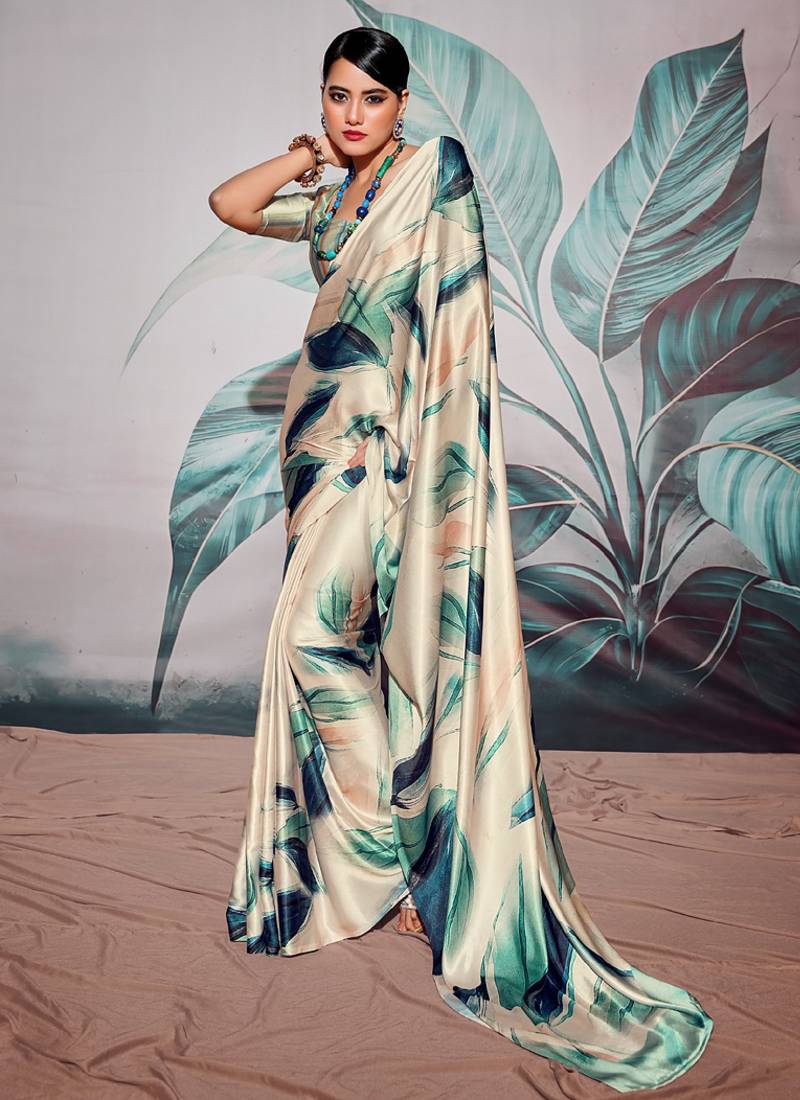 beige crape digital printed casual wear saree
