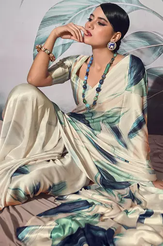 beige crape digital printed casual wear saree