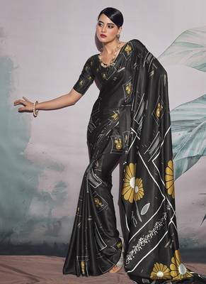 black crape digital printed casual wear saree 1