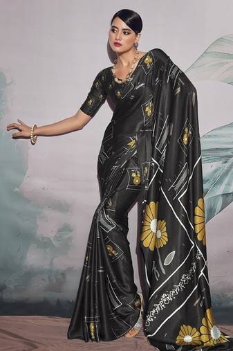 black crape digital printed casual wear saree