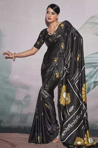 black crape digital printed casual wear saree