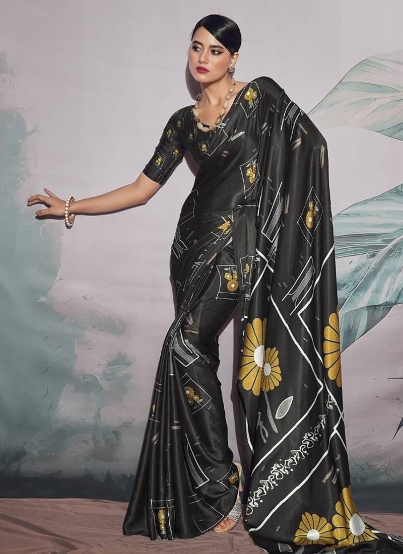 black crape digital printed casual wear saree