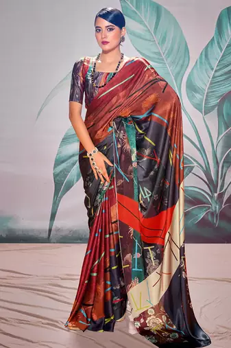 red & multicolour crape digital printed casual wear saree