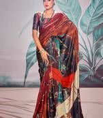 red & multicolour crape digital printed casual wear saree