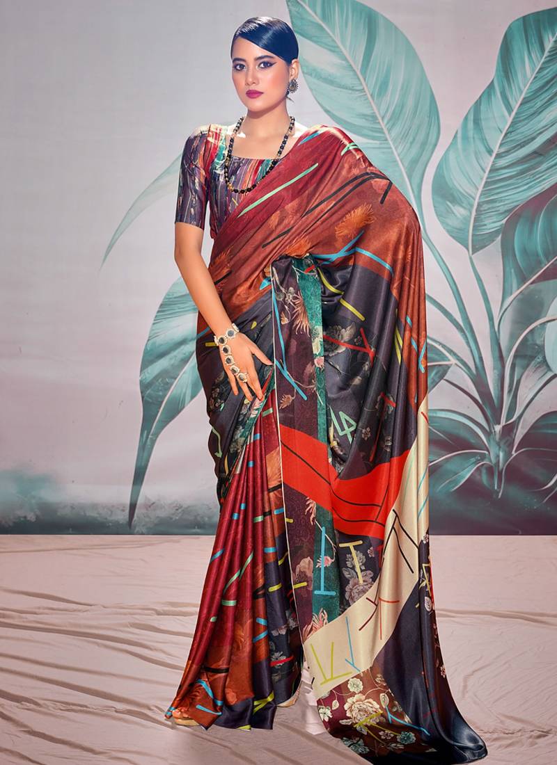 red & multicolour crape digital printed casual wear saree