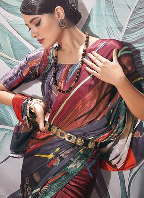 red & multicolour crape digital printed casual wear saree 2
