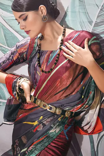 red & multicolour crape digital printed casual wear saree