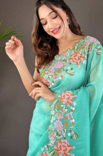 Aqua Color Cross Stich Floral Design Embroidery Work Cut Work Glossy Silk Saree